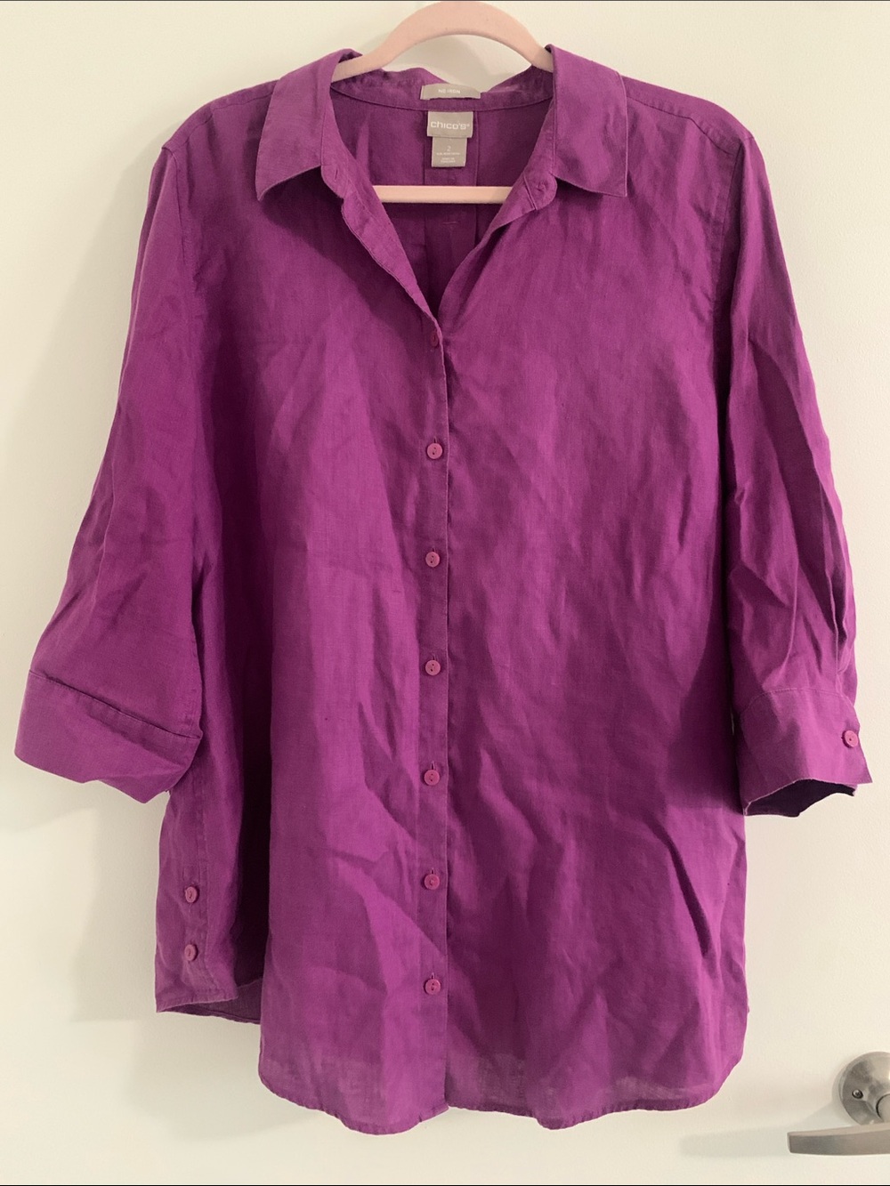 Chicos Magenta no iron Linen Button-Front Shirt 12/14